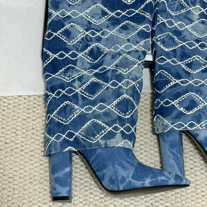 Dark Blue Chunky-Heel Cowboy Boots