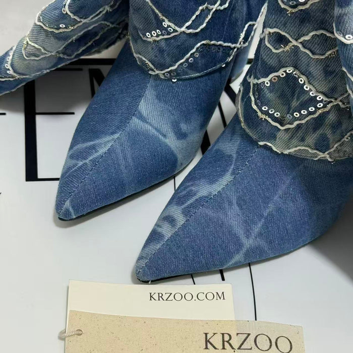 Dark Blue Chunky-Heel Cowboy Boots