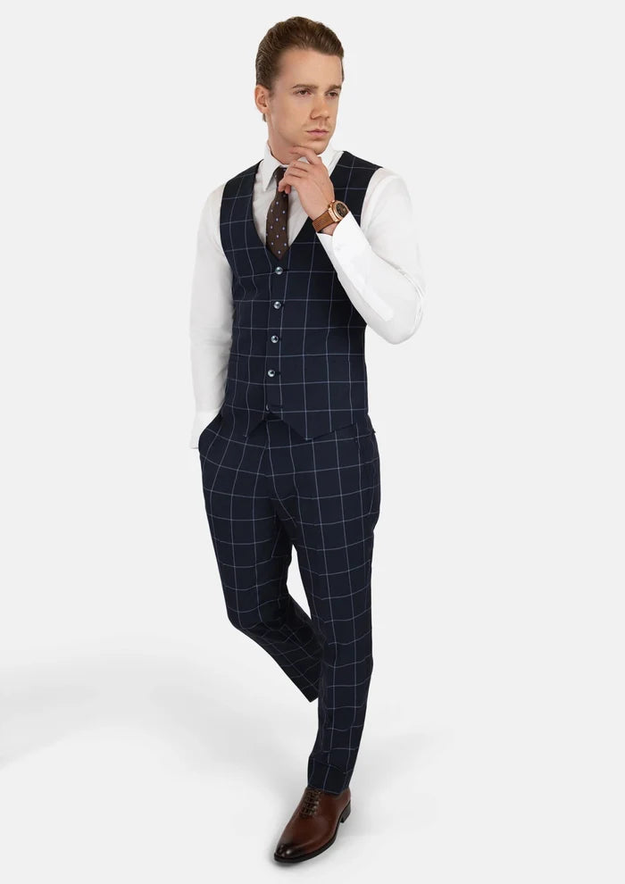 Deep Navy Windowpane Vest - SARTORO