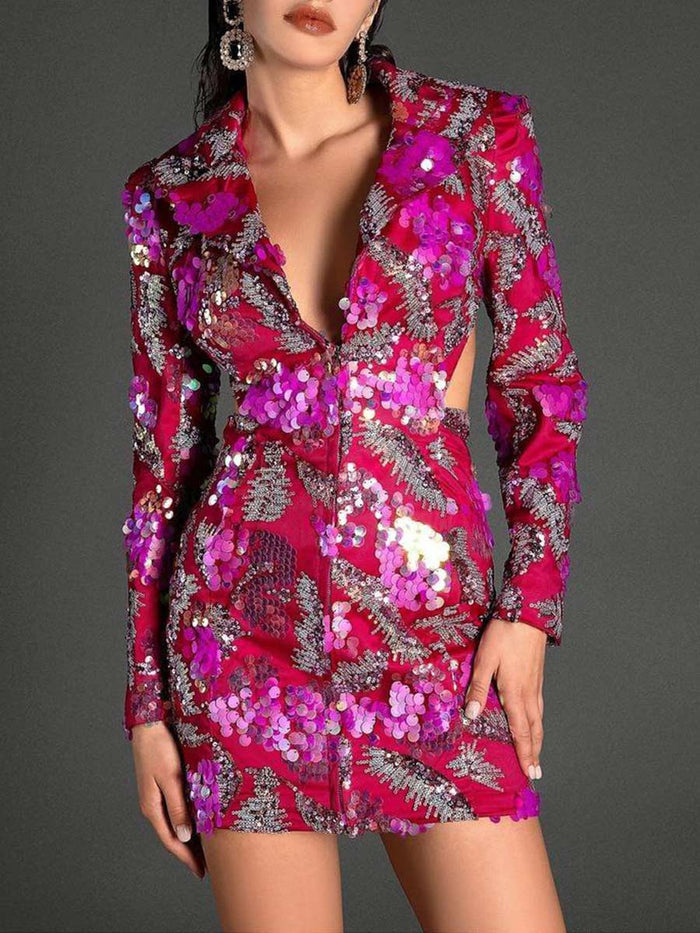 Deep V Backless Sequin Blazer Bodycon Dress