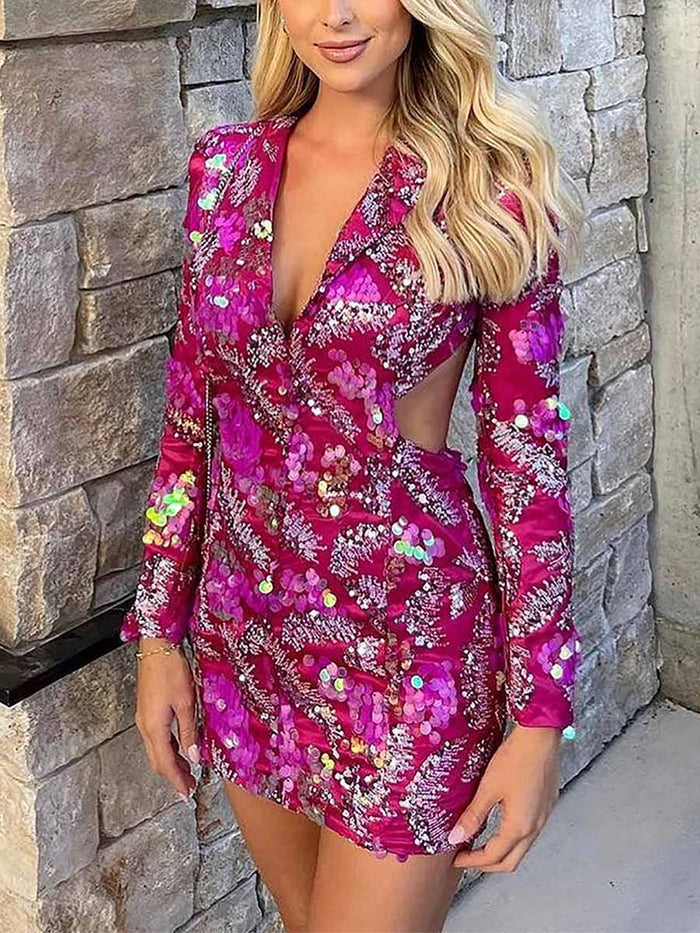 Deep V Backless Sequin Blazer Bodycon Dress