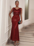 Deep V-Neck Fringe Sequin Mermaid Gown