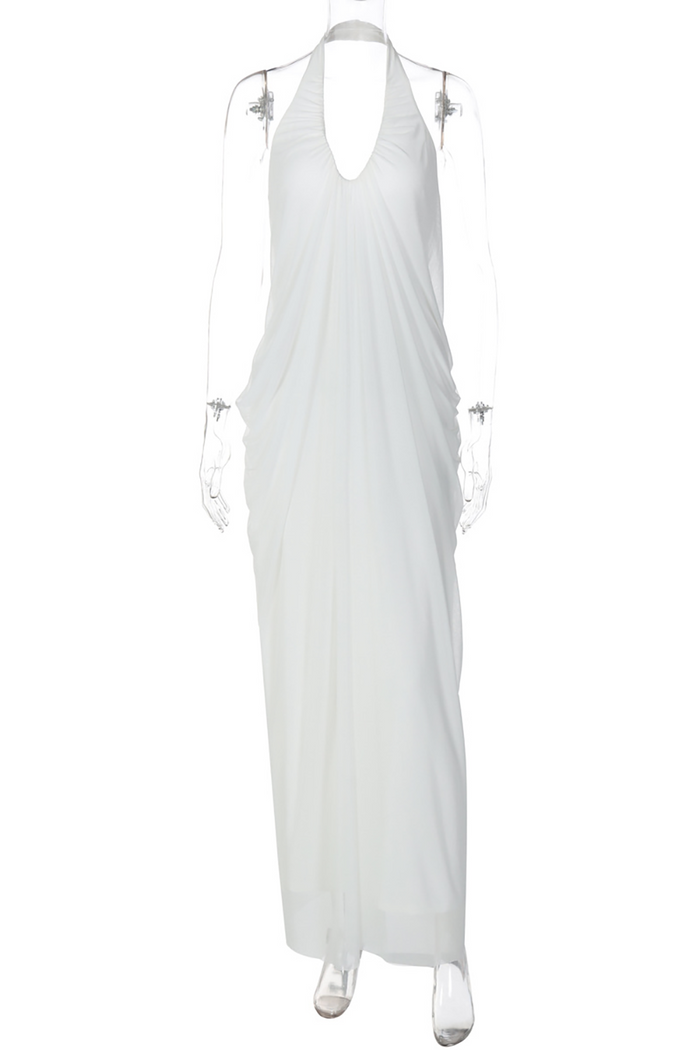 Deep V Neck Halter Ruched Solid Color Maxi Dresses-White