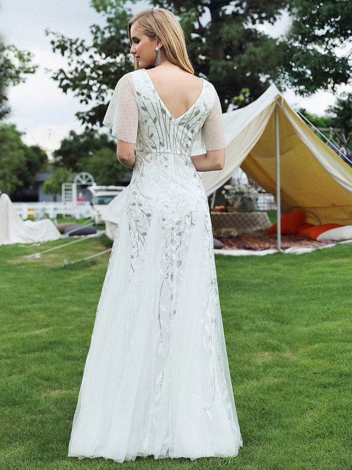Deep V-Neck Leaf Sequin Tulle Short Sleeves Evening Dress