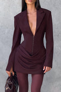 Deep V Neck Long Sleeve Cinch Waist Draped Design Blazer Mini Dresses-Purple