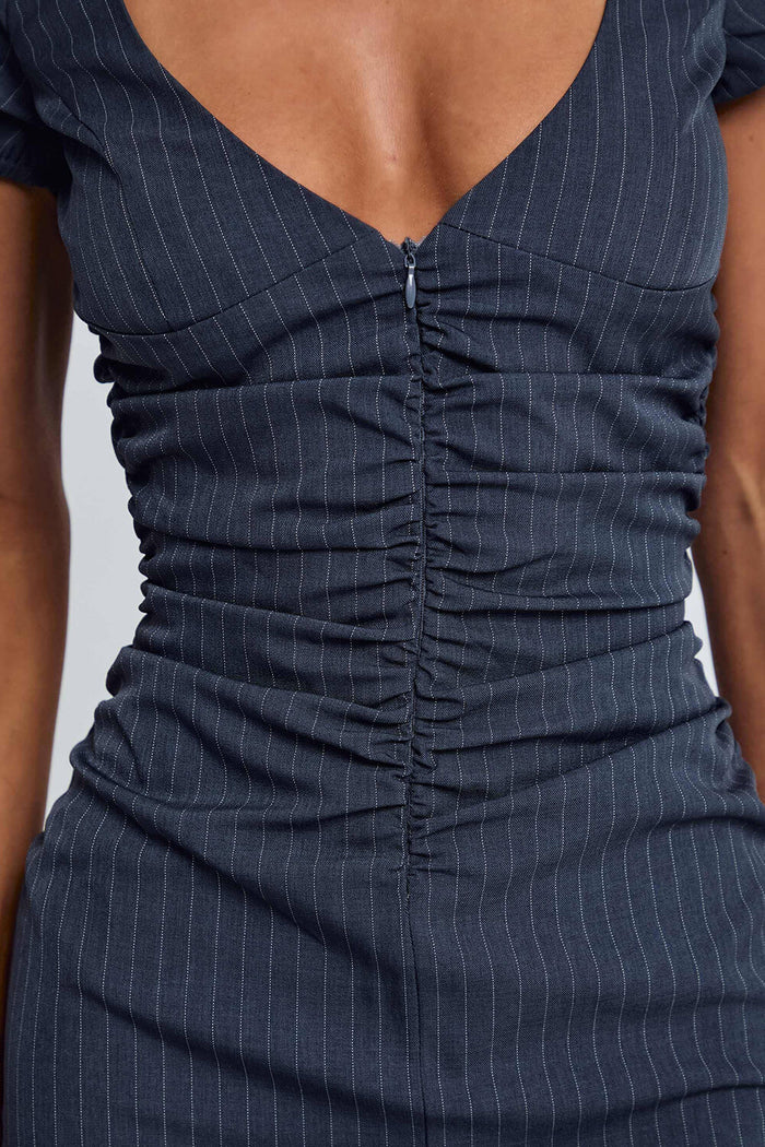 Deep V Neck Zip Up Ruched Slim Fit Party Mini Dresses-Navy Pre Order