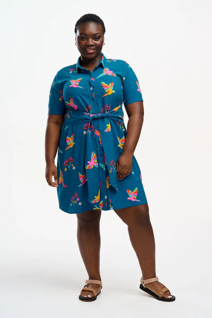 Dessie Shirt Dress (Teal Rainbow Parrots)