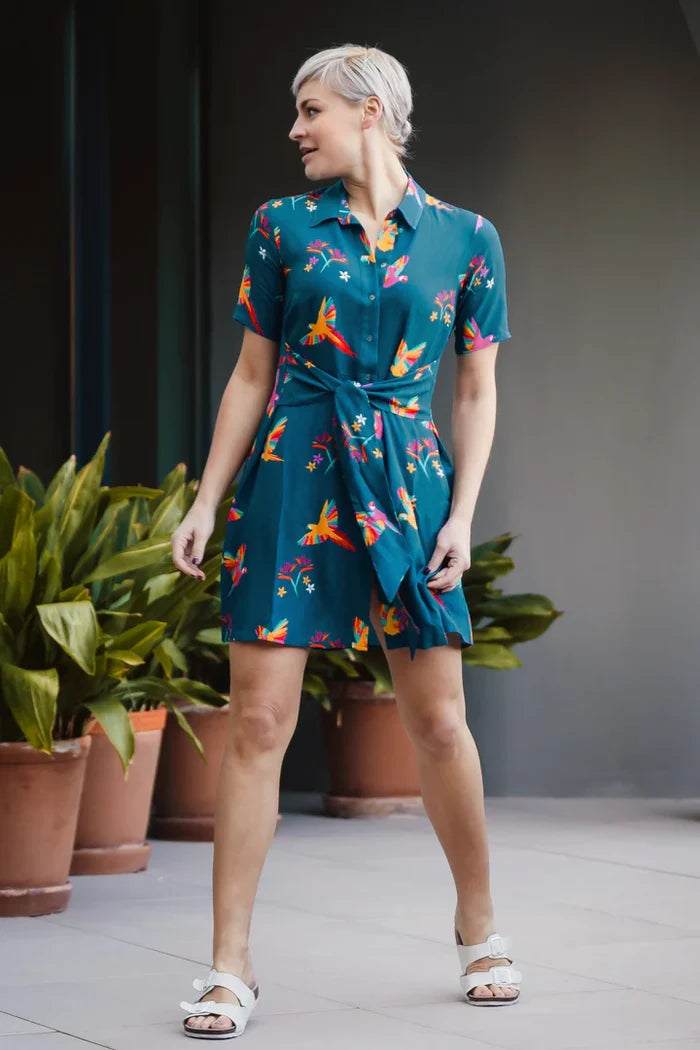 Dessie Shirt Dress (Teal Rainbow Parrots)