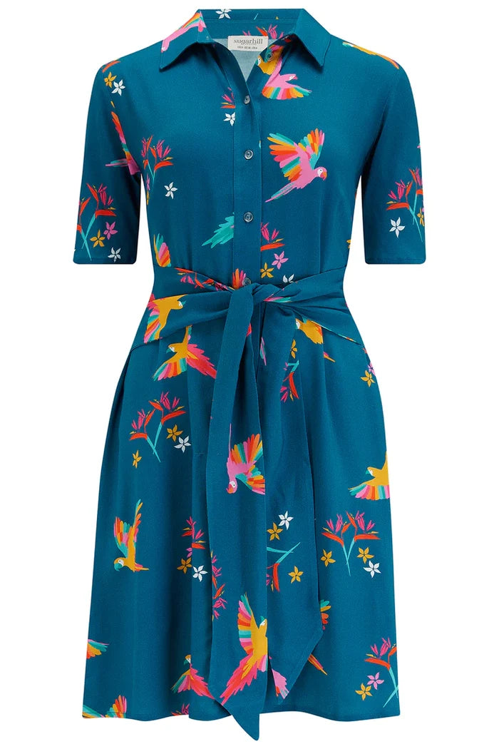 Dessie Shirt Dress (Teal Rainbow Parrots)