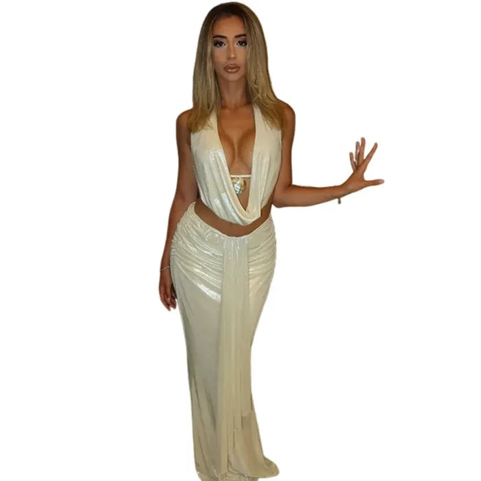 Diamante Straps Fringe Halter Top Sash Maxi Skirt 2pcs Set-Gray Pre Order