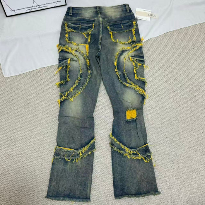 Distressed  Flared  Fringed Stretch Jeans