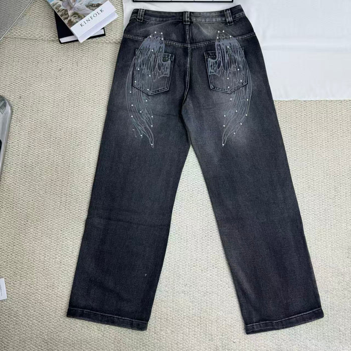 Distressed Gradient Wing Print Wide-Leg Pants