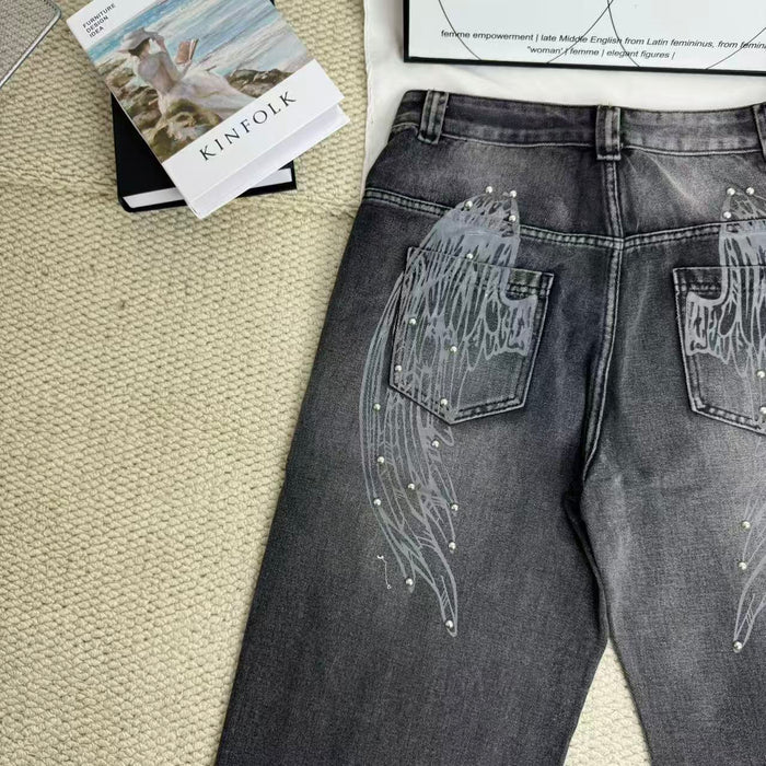 Distressed Gradient Wing Print Wide-Leg Pants