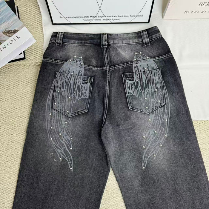 Distressed Gradient Wing Print Wide-Leg Pants
