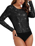 Draped Cowl Crew Neck Long Sleeve Black Sequin Bodysuit