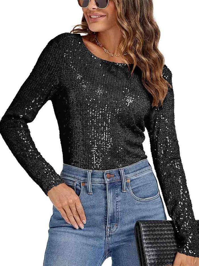 Draped Cowl Crew Neck Long Sleeve Black Sequin Bodysuit