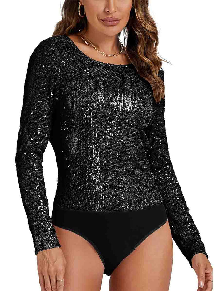 Draped Cowl Crew Neck Long Sleeve Black Sequin Bodysuit