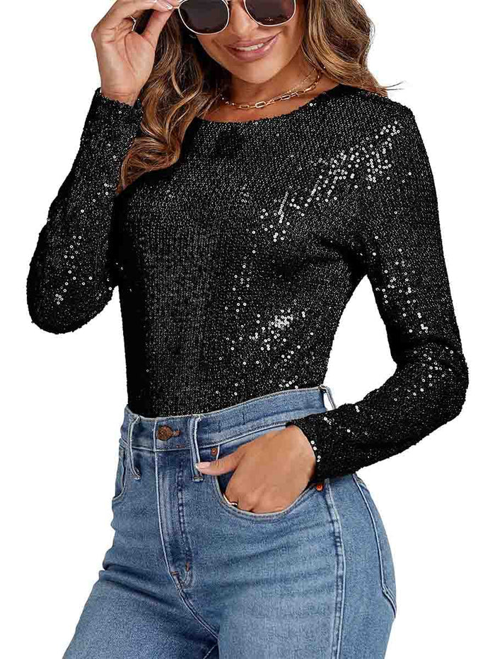Draped Cowl Crew Neck Long Sleeve Black Sequin Bodysuit