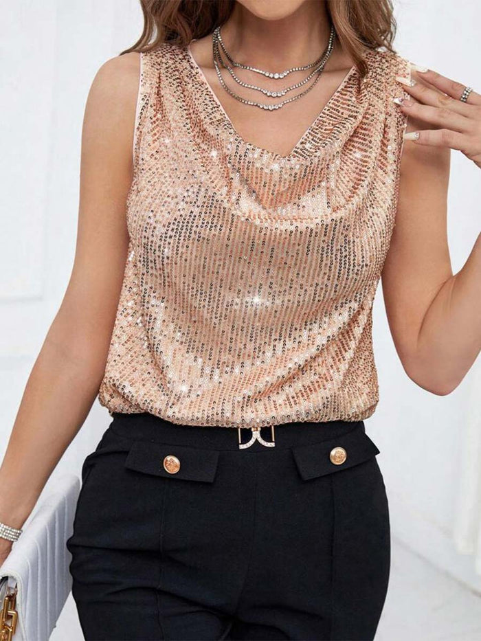 Draped V-Neck Loose-Fit Sequin Pullover