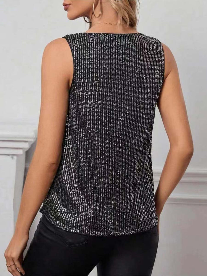 Draped V-Neck Loose-Fit Sequin Pullover