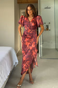 Drew Puff Sleeve Faux Wrap Midi Dress (Orange Marble)