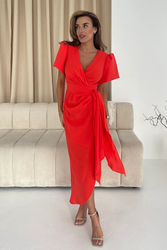 Drew Puff Sleeve Midi Dress (Orange)