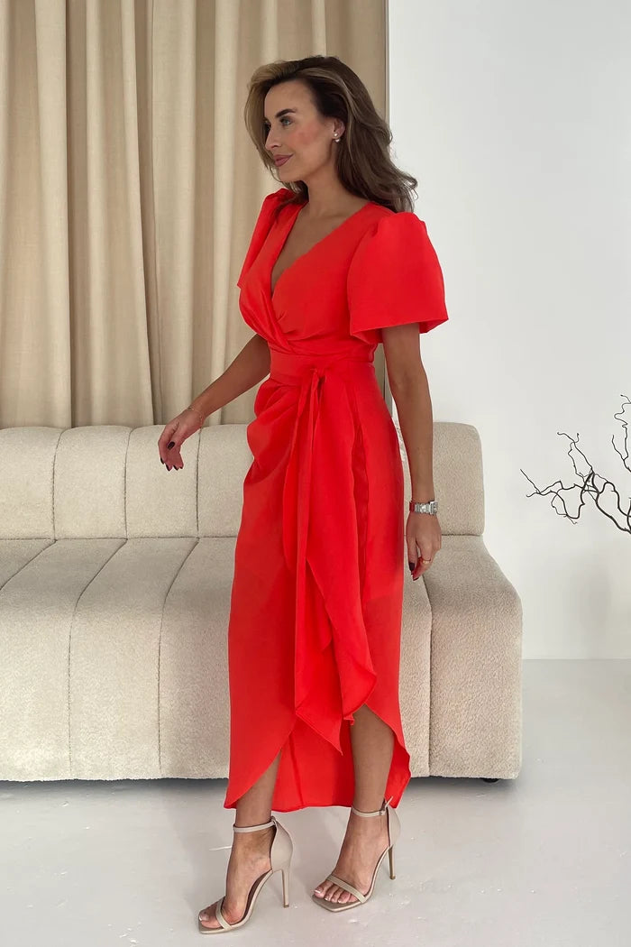 Drew Puff Sleeve Midi Dress (Orange)
