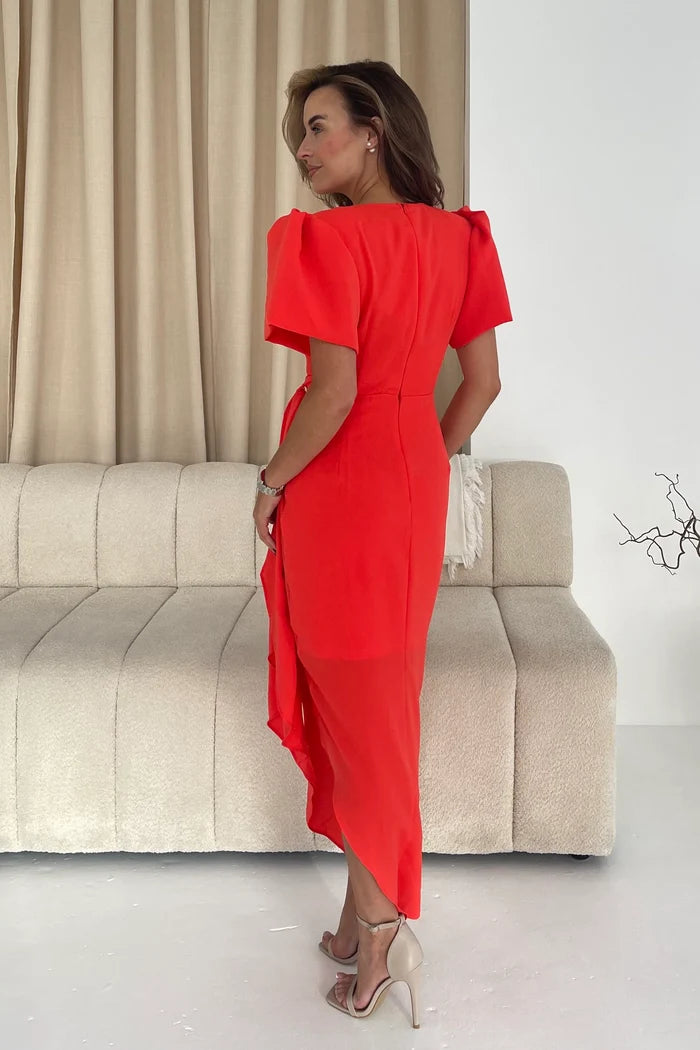 Drew Puff Sleeve Midi Dress (Orange)