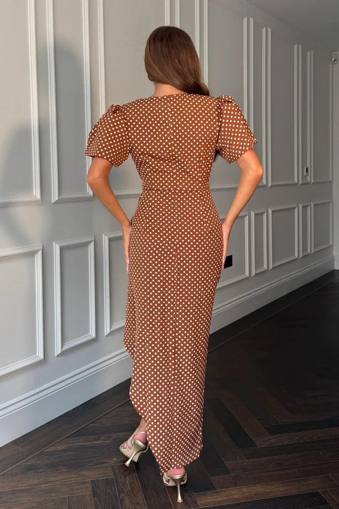 Drew Puff Sleeve Wrap Front Midi Dress (Brown)
