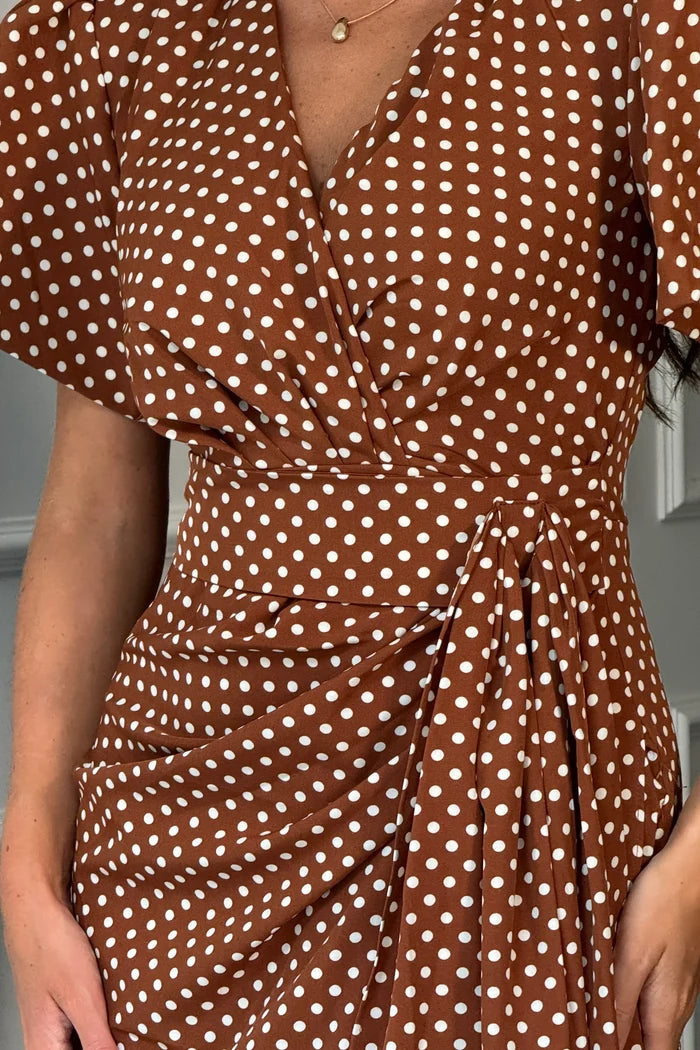 Drew Puff Sleeve Wrap Front Midi Dress (Brown)