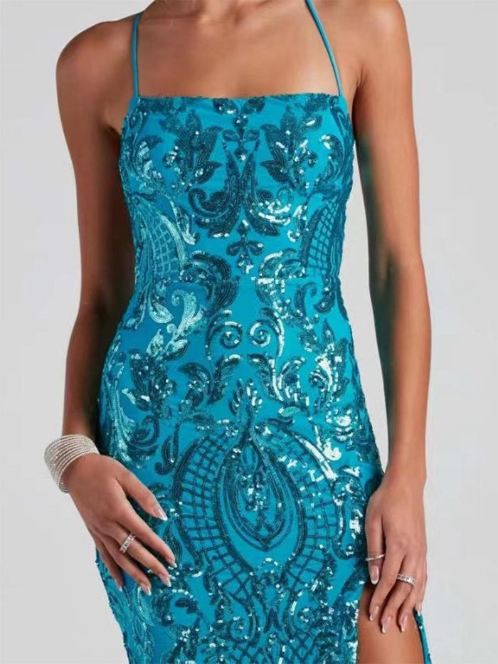 Elegant Off-Shoulder Sequin Slit Evening Party Gown
