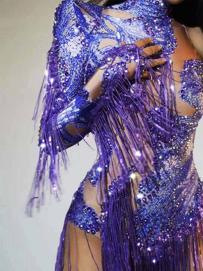 Elegant Rhinestone One-Shoulder High Neck Bodysuit