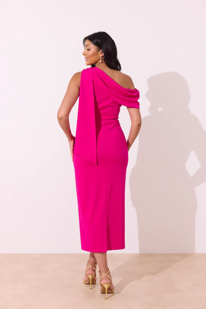 Eleni Drape Midi Dress (Fuchsia Pink)