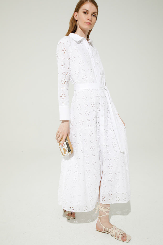 Elysa Broderie Anglaise Shirt Dress (White)