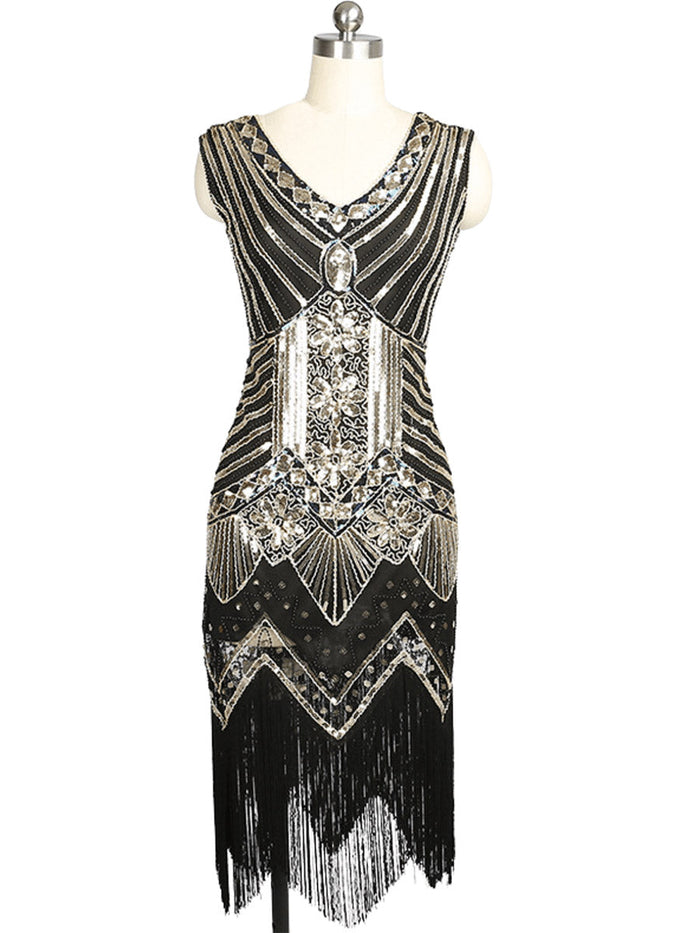 Embroidered 1920s Beaded Sequin Fringe Gown