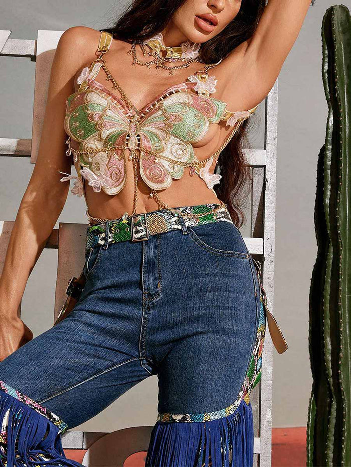 Embroidered Butterfly Patchwork Metal Crystal Halter Top