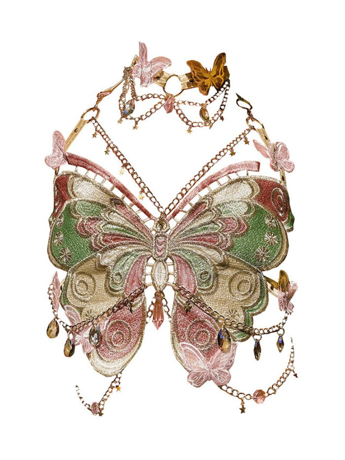 Embroidered Butterfly Patchwork Metal Crystal Halter Top