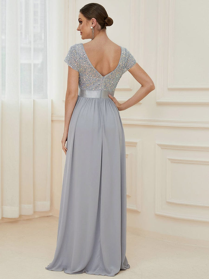 Empire Waist V-Neck Cap Sleeve Chiffon Evening Dress