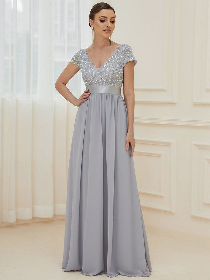 Empire Waist V-Neck Cap Sleeve Chiffon Evening Dress