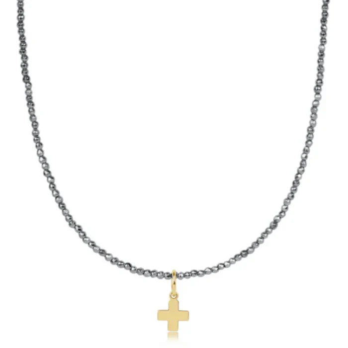 enewton 17" Choker Silver Faceted Hematite 2mm Signature Cross Gold Charm