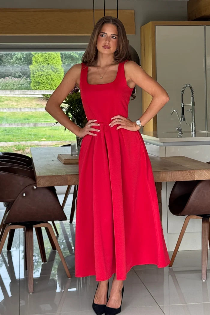 Erica Square Neck Pleated Midi Dress (Red)