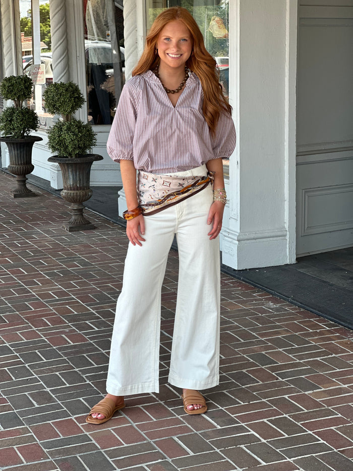 Evan Stripe Puff Sleeve Top in Brown