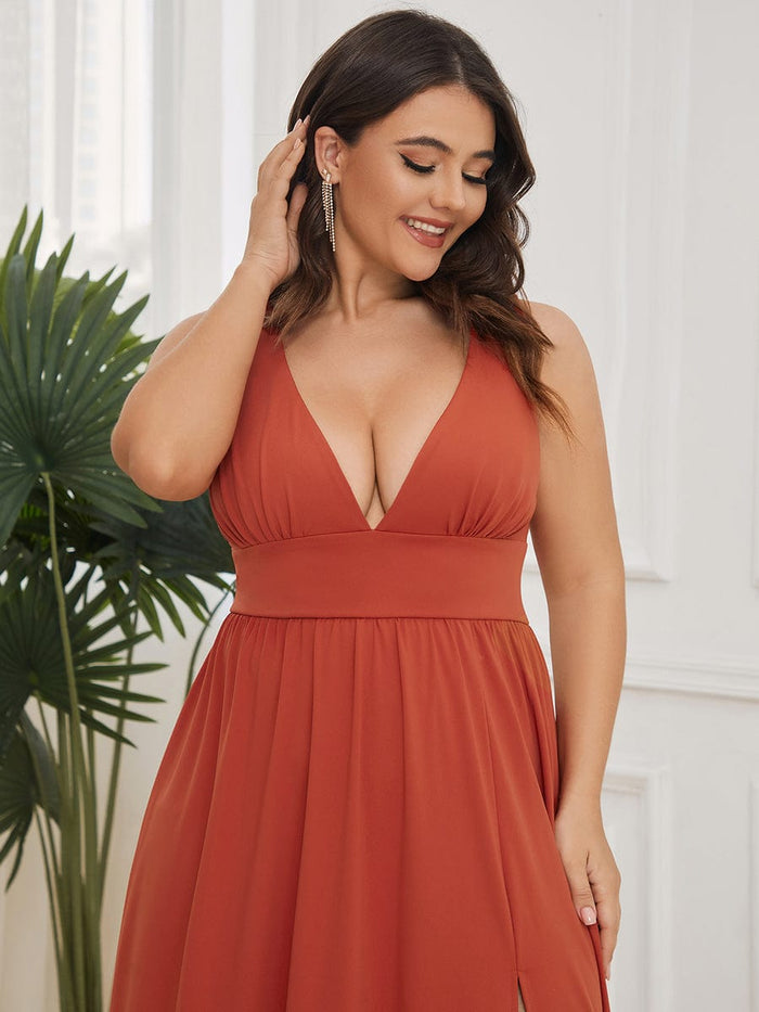 Evening Elegance Plus Size V-Neck Empire Waist High Slit Dress