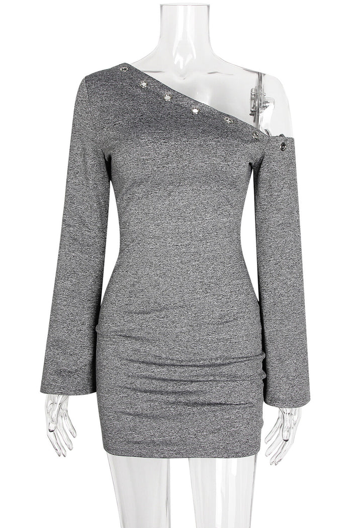 Eyelets Trim Skew Neck Flare Sleeve Plain Slim Fit Mini Dresses-Grey