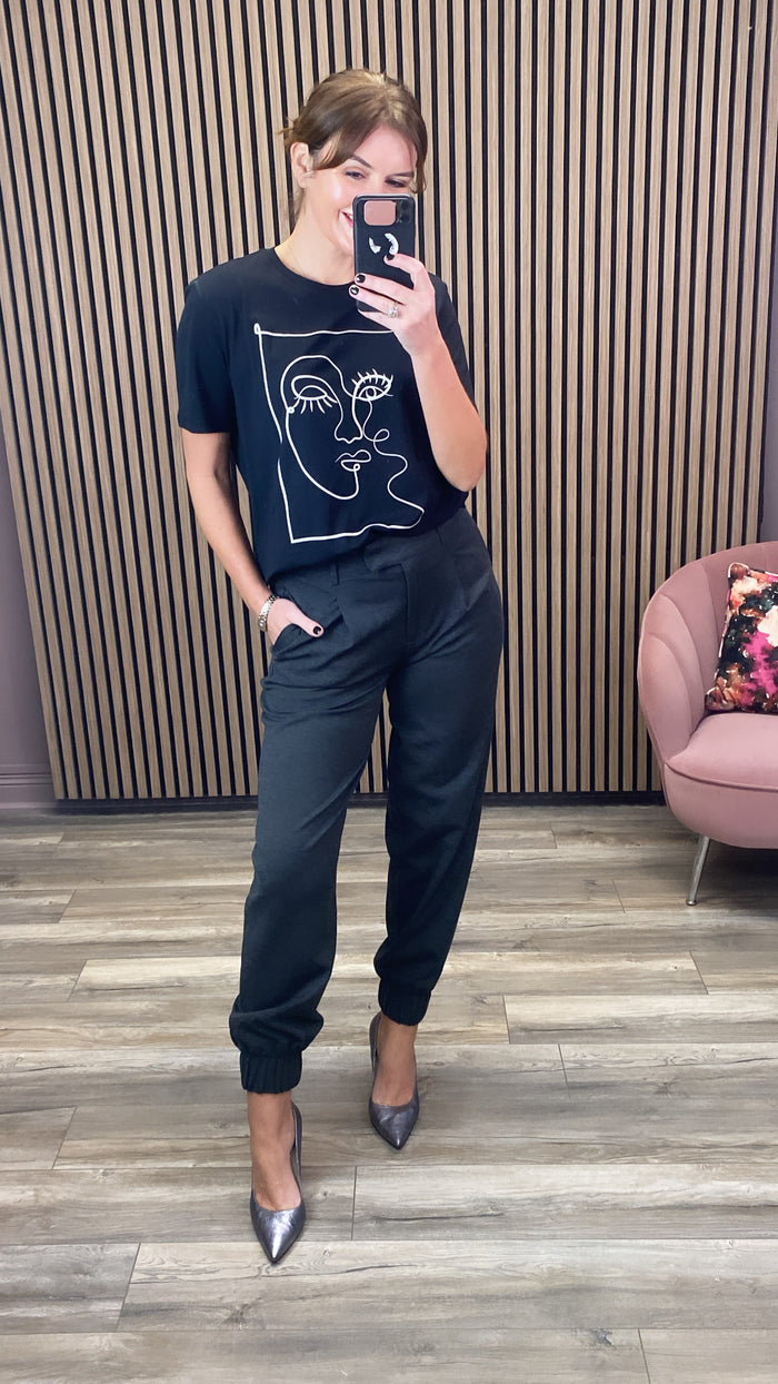 FACE PRINTED COTTON T-SHIRT (BLACK)