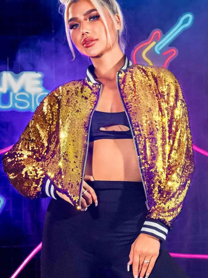 Fashion Casual Gold Sparkly Sequin Long Sleeve Jacket Top