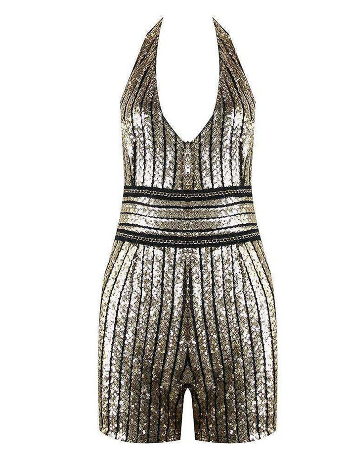 Fashion V-Neck Belted Waist Sequin Jumpsuit