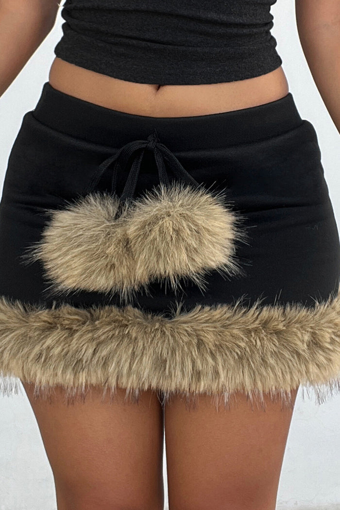 Faux Fur Patchwork Bodycon Tie Up Low-Rise Mini Skirt-Black