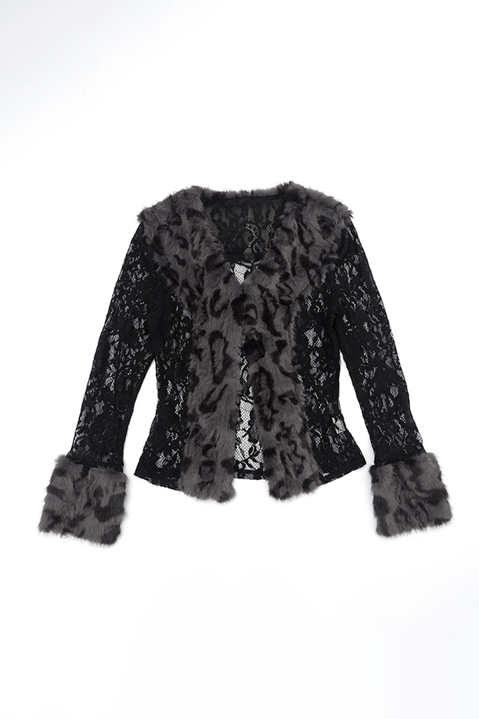 Faux Fur Patchwork Floral Lace Long Sleeve See Through Cardigan-Black