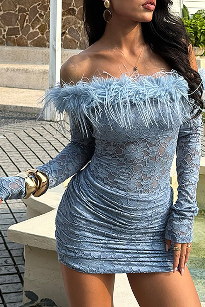Feather Trim Off Shoulder Lace Long Sleeve Ruched Bodycon Mini Dresses-Blue